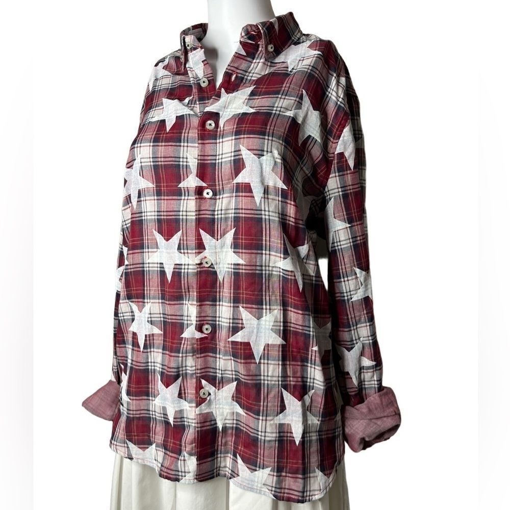 Mostly Heard Rarely Seen Star Plaid Button Down Shirt Red & White Size Large